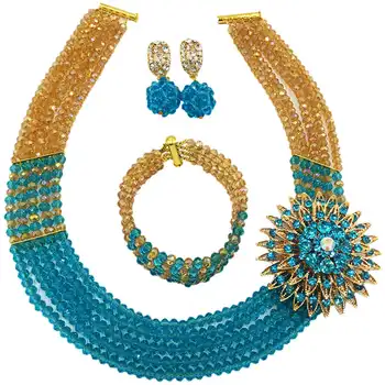

Lake Blue Gold AB African Costume Necklace Nigerian Wedding Beads Jewelry Set 5C-SXJB013