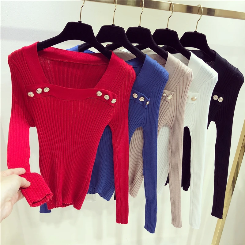 Пуловеры с пуговицами вязанные свитера для женщин тонкий эластичный пуловер свитер женский полный рукав топы одежда 9-1123