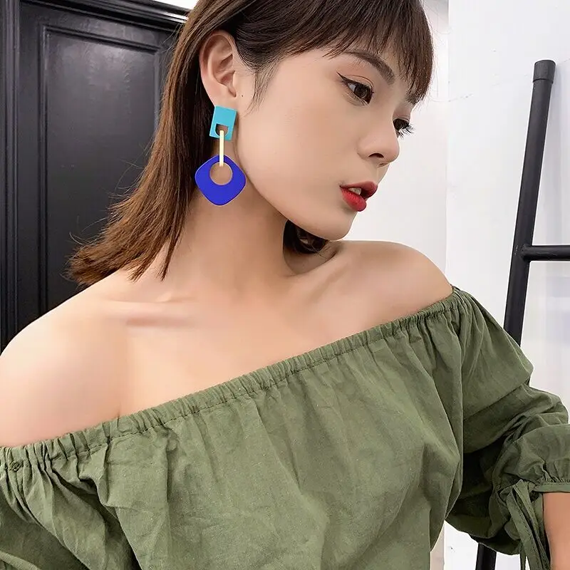 HUANZHI 2019 новые корейские стильные S925 Красочные Геометрические Квадратные