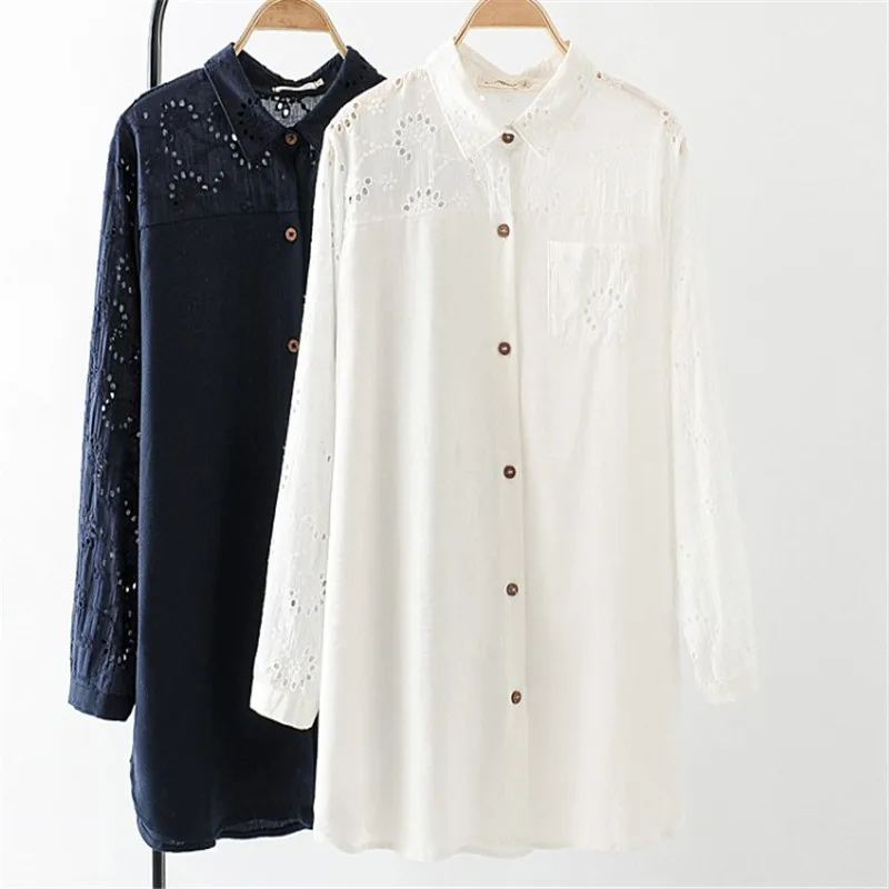

white blouse Large-size blouses spring 2019 new plus-size artistic cotton and hemp hollowing out Patchwork shirt