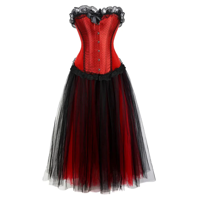 

sexy lace flower corset dresses for women plus size bustier with skirt long tutu set plus size exotic halloween costumes red 6XL