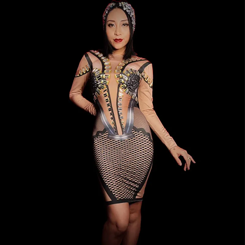 

Sparkly Glass Crystals Long Sleeve Dress Sexy Leotard Rhinestones Short Dress Women Nightclub Costume Party Celebration Outfits