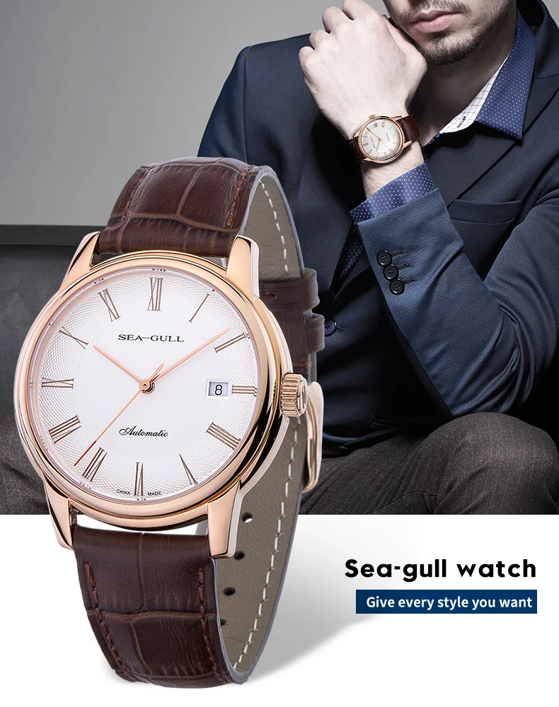 Sea-Gull Couple Mechanical Watches Lover Men Women Simple Leather Buckle 30m Waterproof Calendar Watches Stainless D519.405