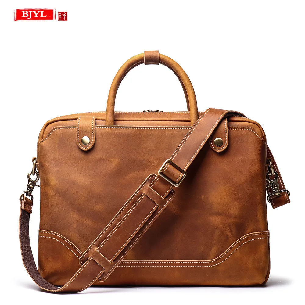 

New men's portable briefcase first layer leather shoulder diagonal bag business 15.6-inch computer bag brown leather briefcases