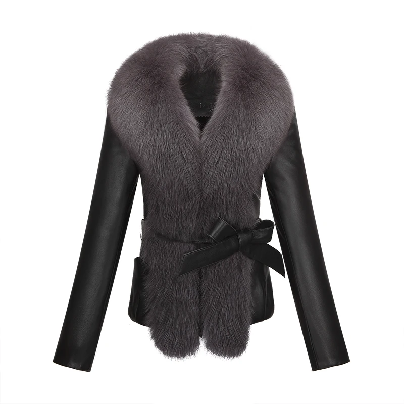 Autumn Winter Women Bomber Faux Fox Fur Collar Stitching PU Jacket Locomotive Coat With Belt Female Warm Plus Size Outwear O678 Autumn Winter Women Bomber Faux Fox Fur Collar Stitching PU Jacket Locomotive Coat With Belt Female Warm Plus Size Outwear O678