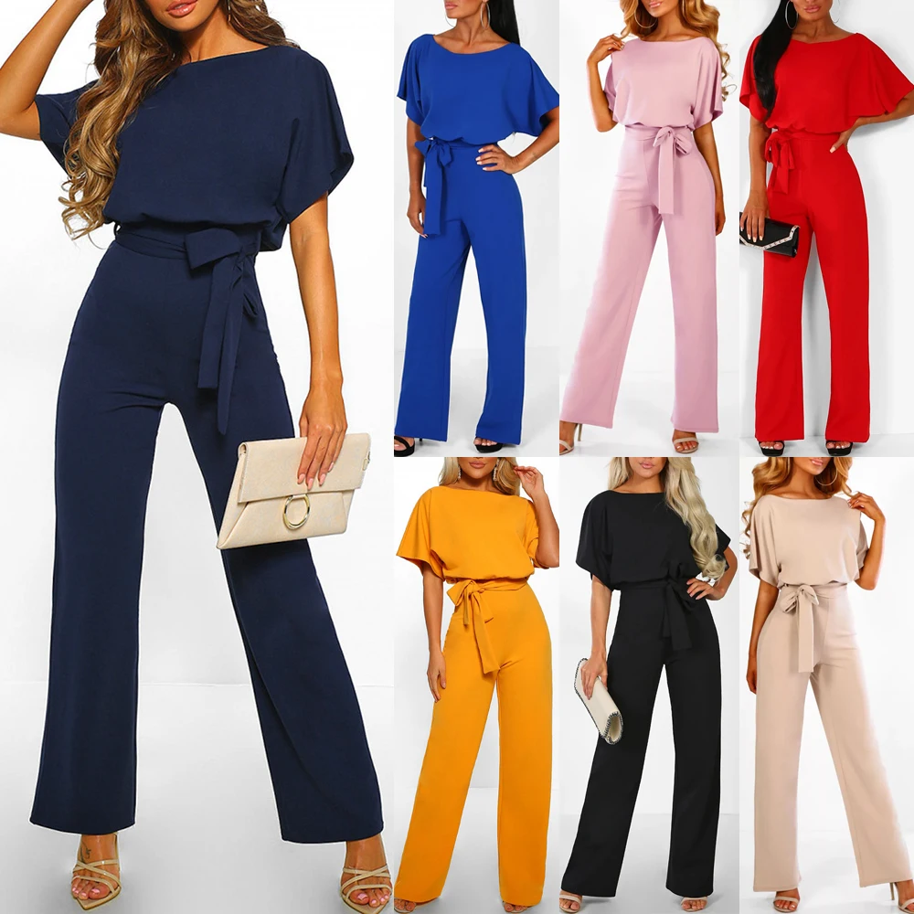 

New Women Batwing Sleeve Jumpsuits Casual Solid Tie Waist Wide Leg Long Trousers Playsuits Summer Women Jumpsuits