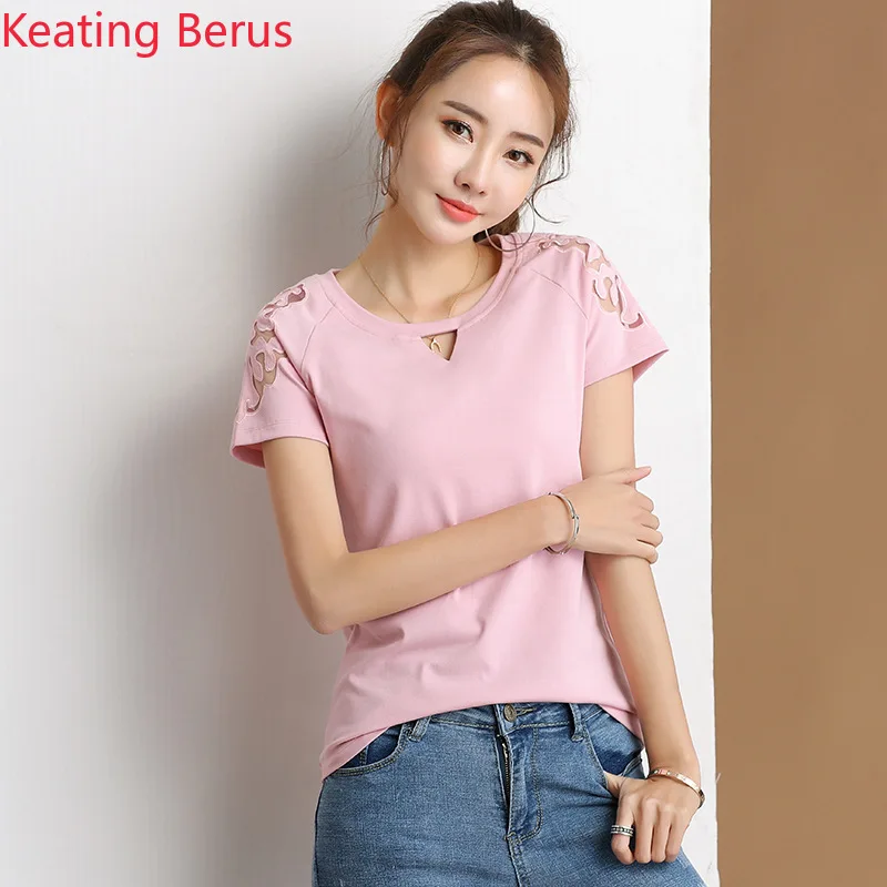 

2019 Women's Summer Short-sleeved Embroidered Cotton T-shirt Loose Korean Version of The Round Neck T-shirt Women's Tops 1198