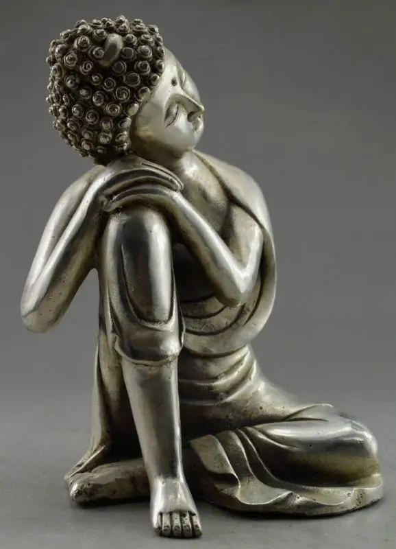 

Collectible Decorated Old Handwork Tibetan Silver Carved Buddha Dogsleep Statue