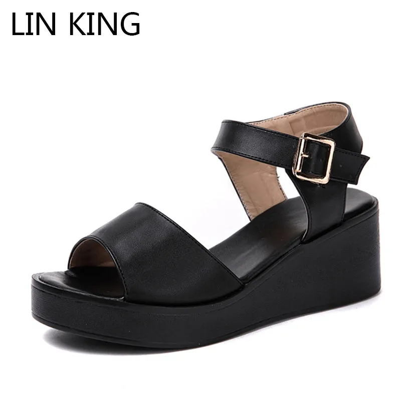 

LIN KING Fashion Genuine Leatehr Sandals For Women Buckle Thick Sole Platform Shoes Med Heel Wdges Mother Summer Beach Shoes