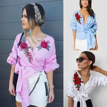2017 Fashion Womens Summer V-Neck Shirts Embroidered Shirt Casual Blouse Loose Bandage Bow Cotton Tops Half Sleeves Blouses