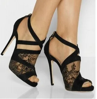 

Black and Pink cross tie lace and embroidery high thin heel back zipper high platform pumps for woman in summer big size 35-41