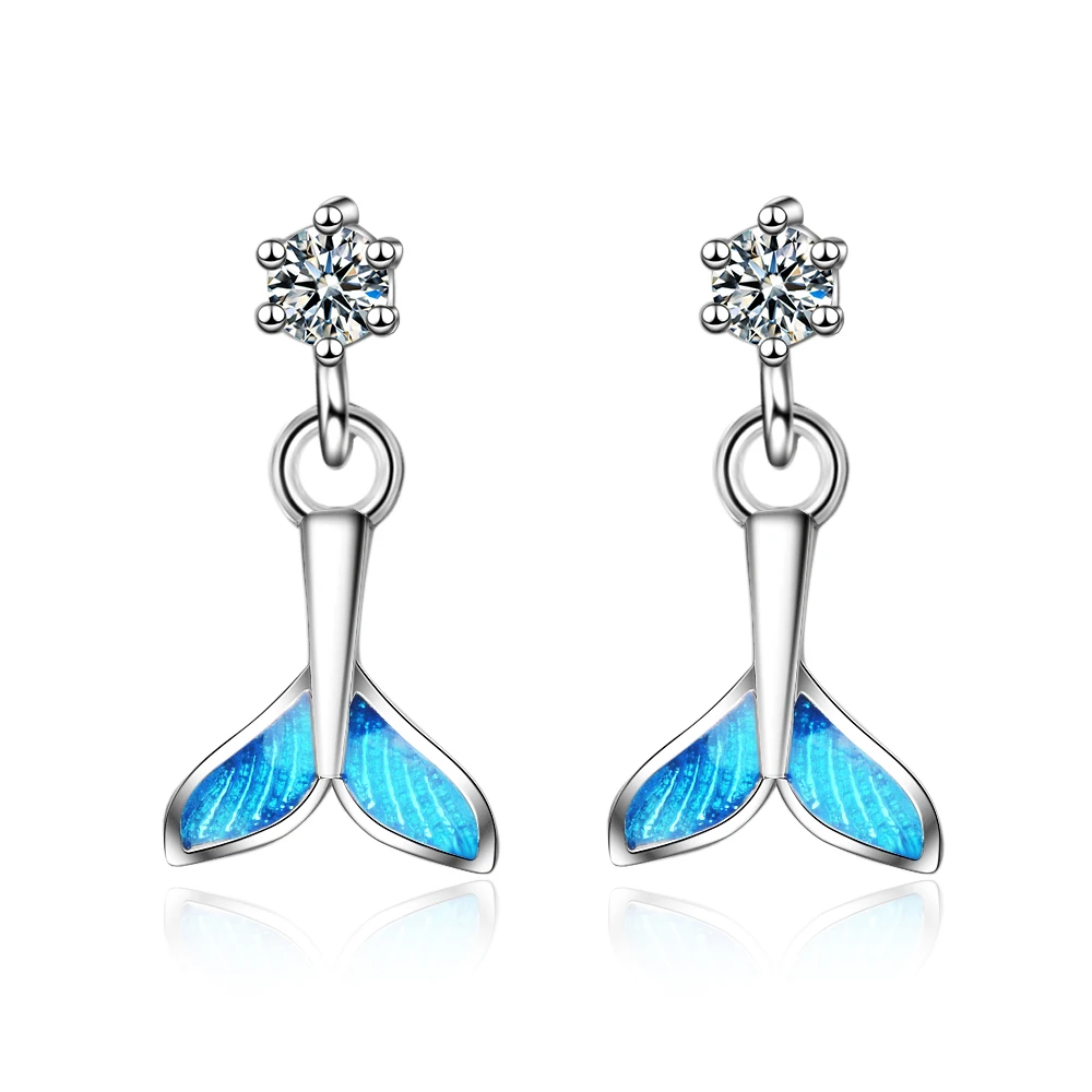 

2019 100% 925 Solid Real Sterling Silver Blue Little Mermaid Tail Stud Earrings For Girl Daughter Fashion Jewelry ED71