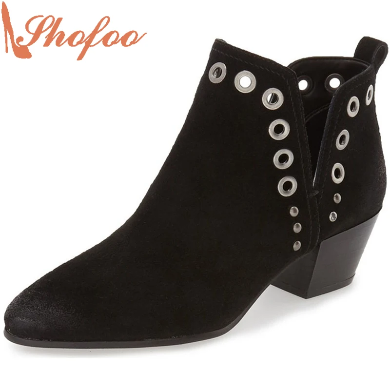 2017 Shofoo Sexy Women Ankle Boots Black Low Heels Shoes Comfortable Walking For Woman,Zapatos Mujer Tacon Sapato Size 4-16