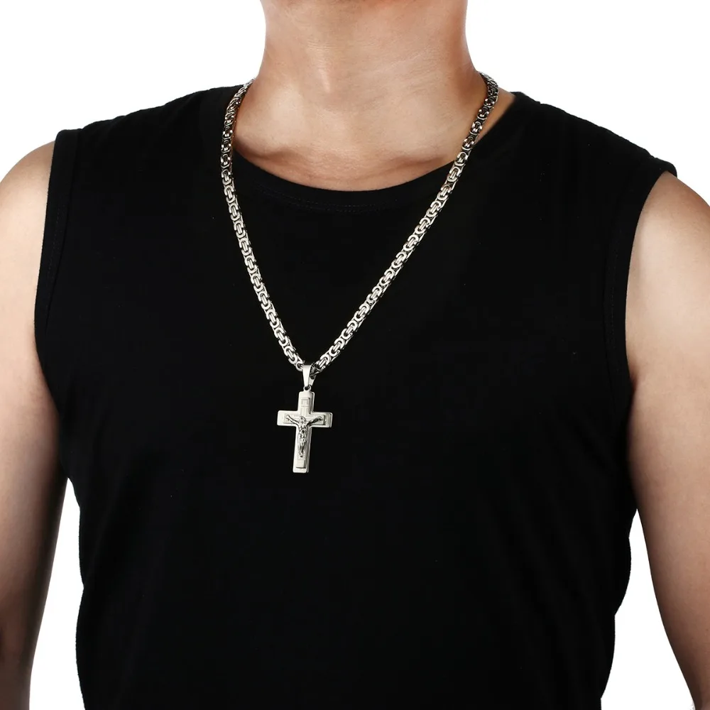 Men's Stainless Steel Jesus Christ Holy Crucifix Cross Pendants Necklaces Catholic Long Chain Necklaces Boys Gifts Jewelry NC011