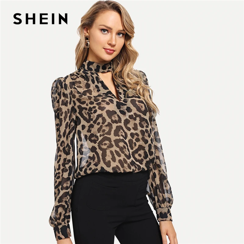 Женская офисная блузка SHEIN разноцветная с длинными рукавами и леопардовым