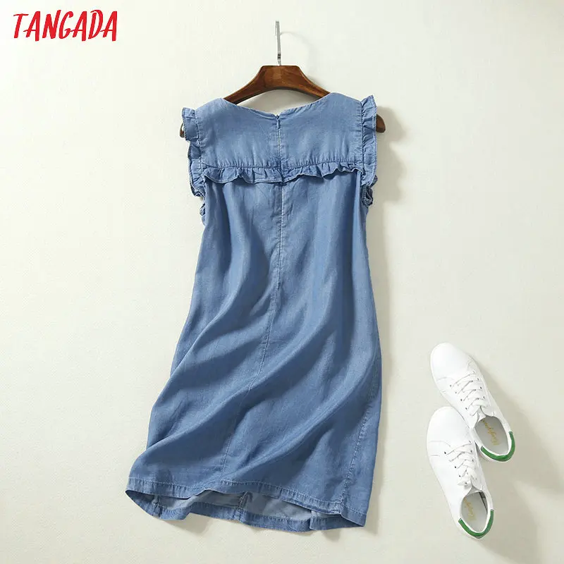 Tangada, женские джинсовые платья с оборками, без рукавов, с круглым вырезом, винтажное модное повседневное прямое платье, vestidos feminina 2P10