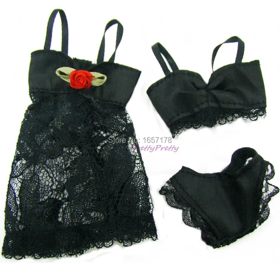 

Doll Accessories Black Sexy Pajamas Lingerie Nightwear Lace Long Coat Night Wear + Bra + Underwear Clothes For Barbie Doll Skirt