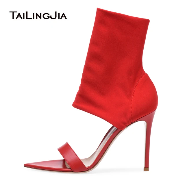 $US $65.99 Open Pointed Toe High Heel Sandals Women Red Stretch Sandal Ankle Boots Black Heeled Summer Booties Ladies Stylish Heels 2019