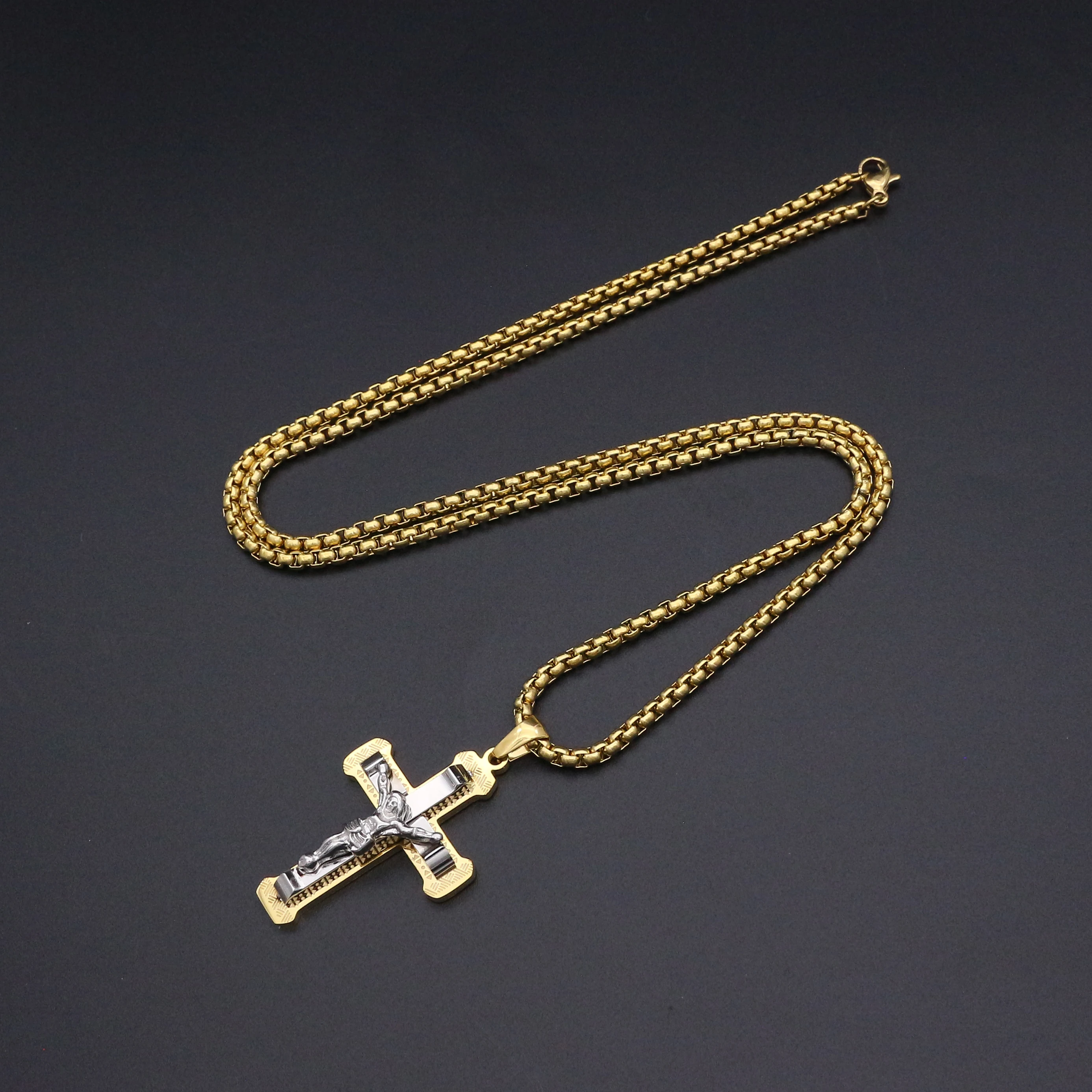 

High Quality Womens Cross Necklace Gold/Silver Color Jesus Pendant Stainless Steel 60 CM Chain Cross Necklace For Men Jewelry
