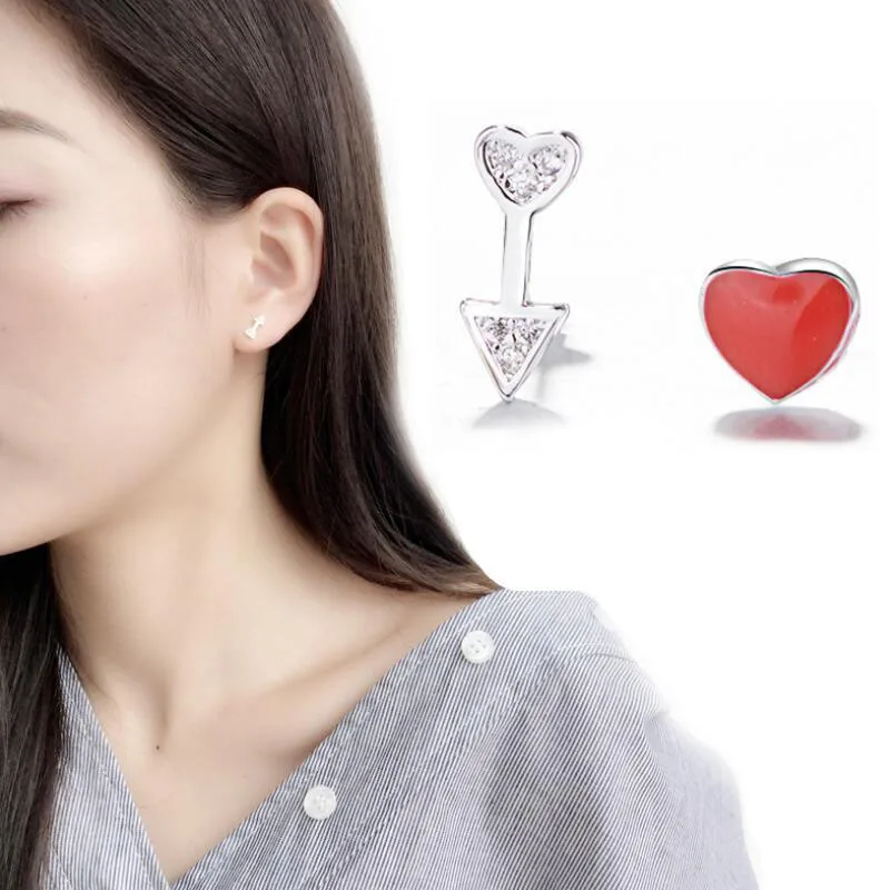 

Jisensp Cute Asymmetrical Earrings Simple Love Heart Earring for Women 925 Silver Crystal Romantic Arrow Stud Earrings Jewelry