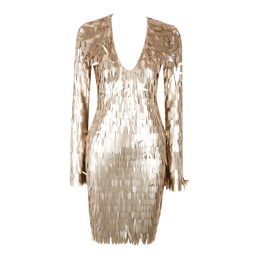 KLEEZY новое поступление женское платье с золотыми перьями, расшитое блестками, с длинным рукавом и v-образным вырезом, облегающее мини-платье BY729