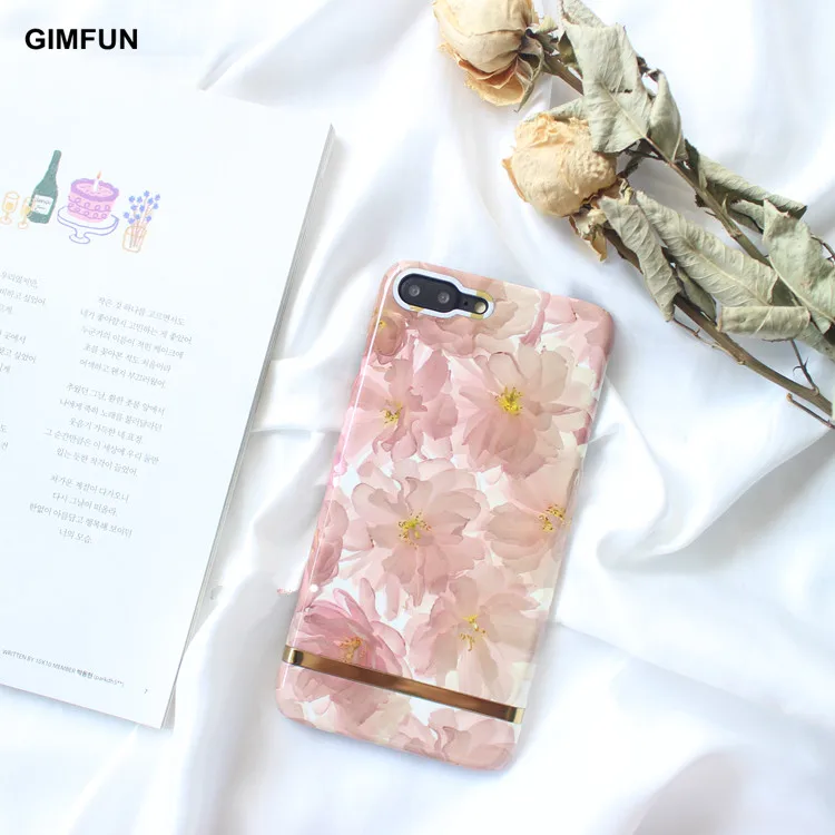 

GIMFUN luxury Pink Plating Art flowers Marble Phone Case for IPhone7/7plus Hard Pc Case shiny retro Cover for IPhone 6 6s 6plus