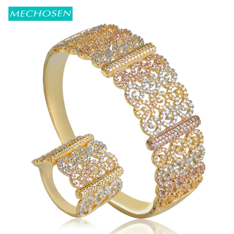 

MECHOSEN Luxury Super Shiny Cubic Zirconia Hollow Bangle Ring Sets Three Tones Plated Gold Color Copper Pulseira Anillos Bijoux