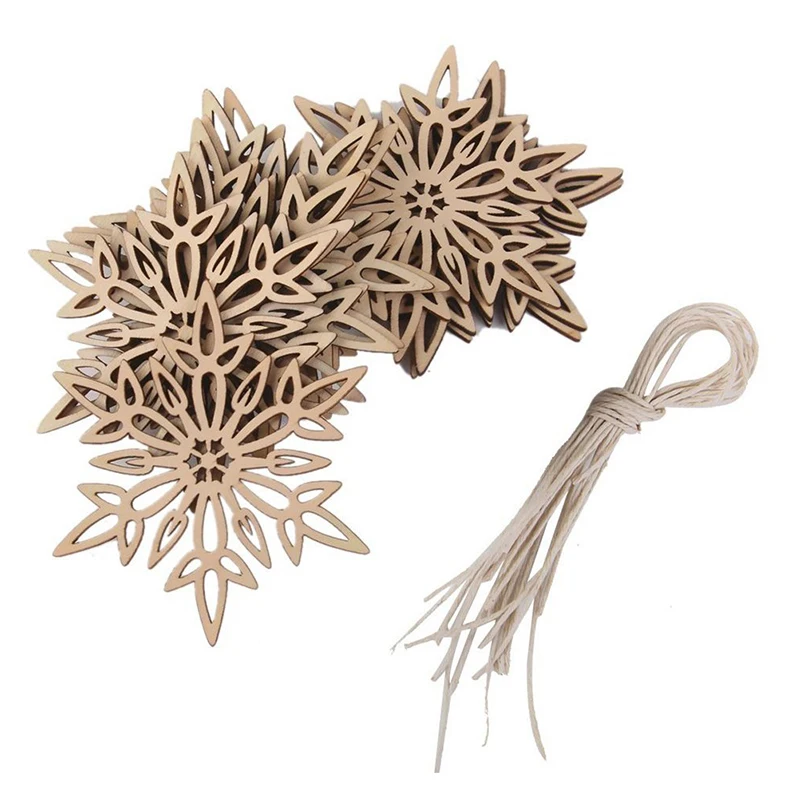 

HOT NEW 10x Christmas Ornaments Wood Hanging Hollow Xmas Decorations Wood color, with Hemp Ropes, Hollow Snowflake