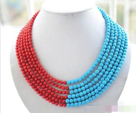 

3154 6row blue turquoise red coral bead necklace