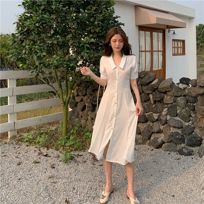 

Women Elegant Boho Sundress Casual Party Summer Slim White Black Sweet Button Dress