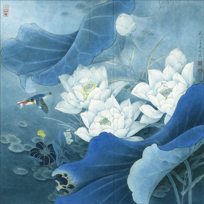 Chinese Blue Leaves White Lotus Bird Scenery Oil Painting Canvas