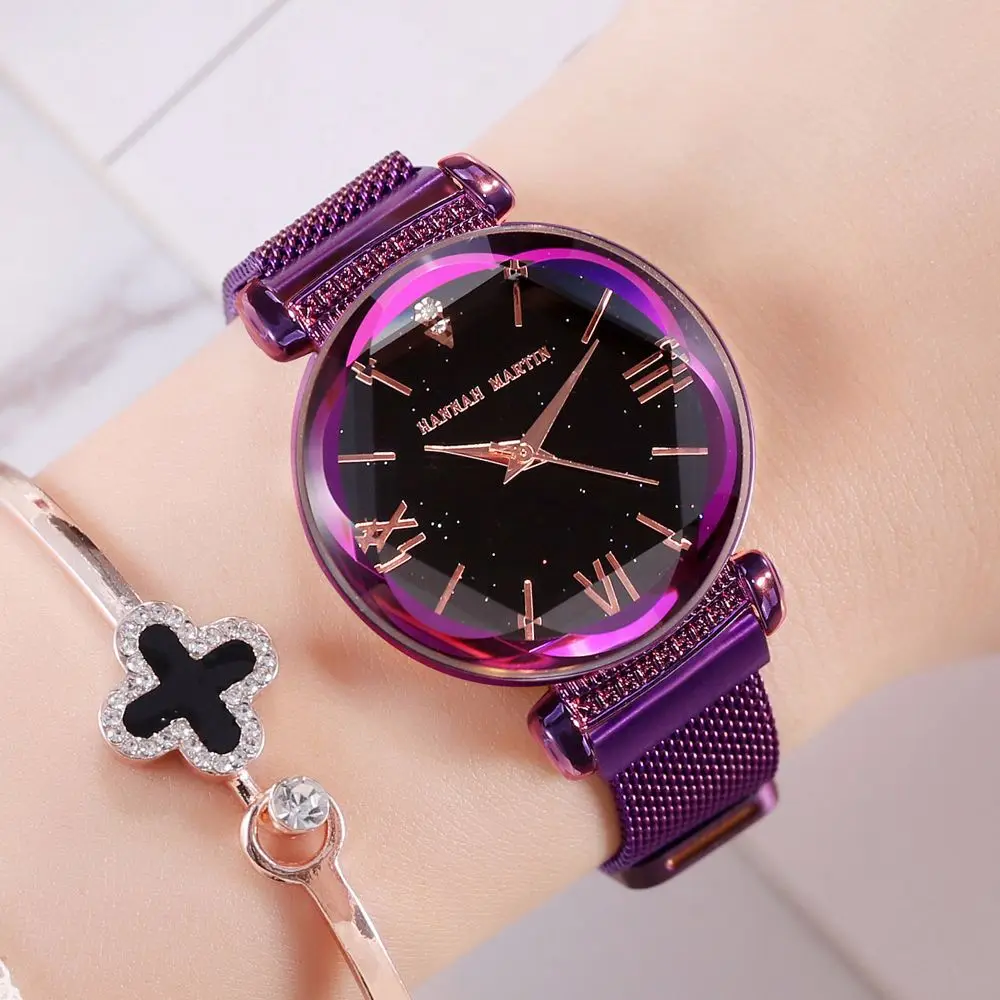 

HMD7 Fashion Bright Purple Lady Wrist Watches Clock Famous Brand Luxury Watch Women Waterproof Magnet Strap Quartz Relogio Watch