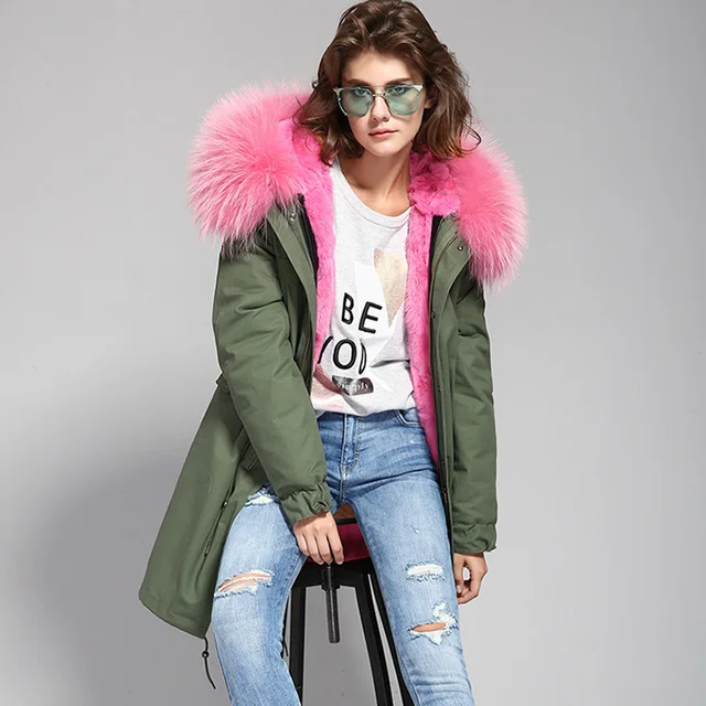 Cheap Winter Women's Large raccoon fur collar Hooded parkas Detachable Faux Fur lining Long Jacket Warm coat outwear