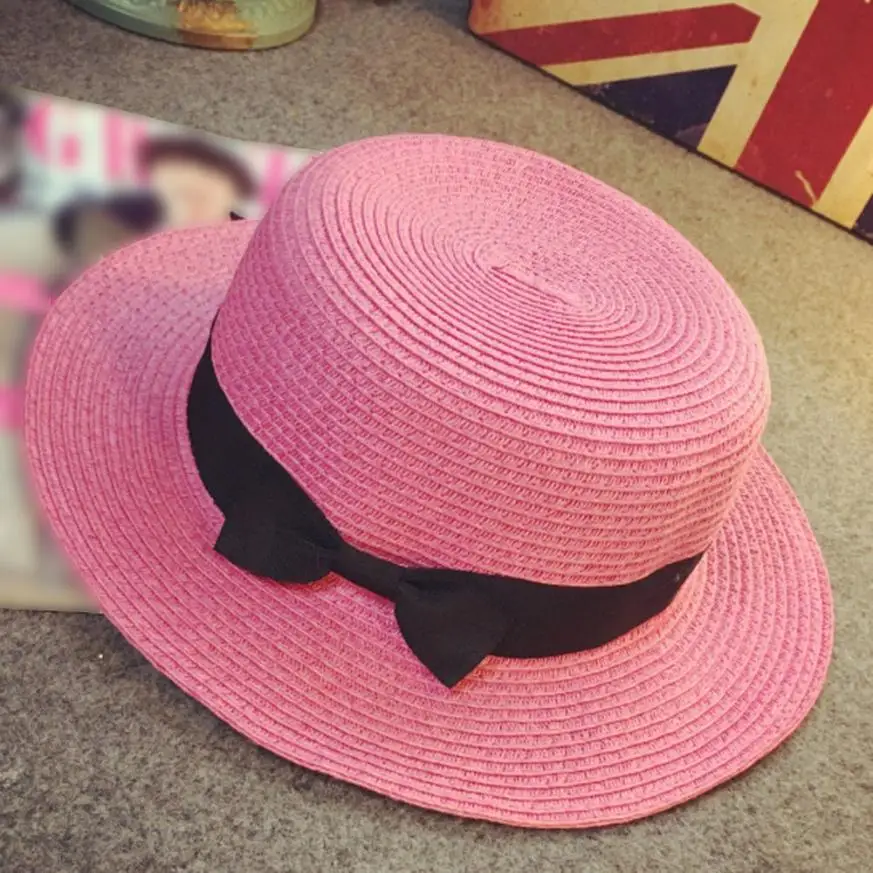Летняя соломенная шляпа с бантом, широкая трава, женская летняя кепка, пляжный козырек, для отдыха на открытом воздухе, Пляжная Солнцезащитная шляпа для женщин - Цвет: Hot Pink