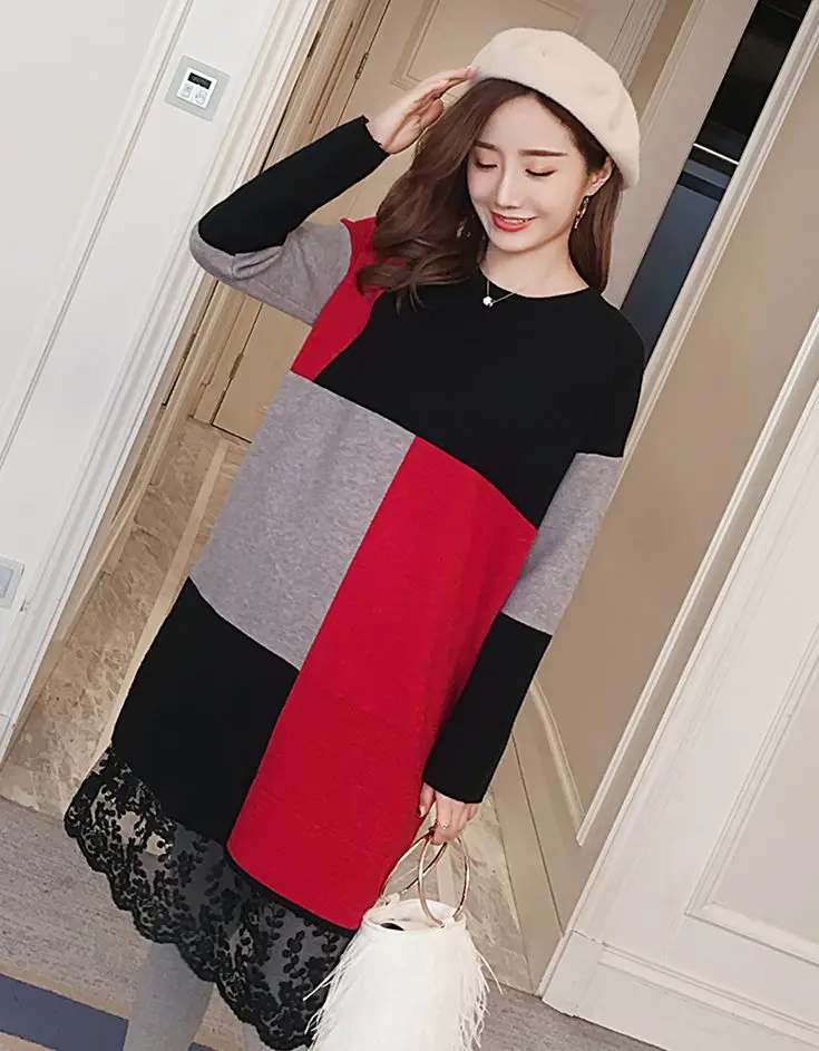 

2017 Autumn Winter Vestidos Women Elegant Office Casual Long Sleeve Loose Knitted Lace Work Midi Pregnant Maternity Dresses