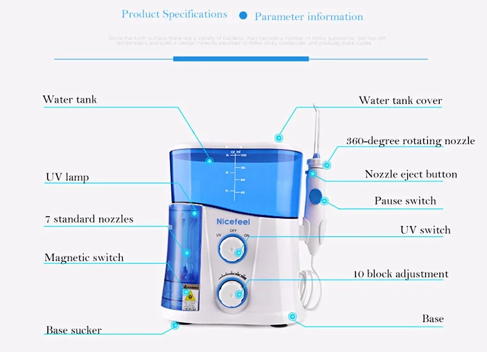 Nicefeel 1000 мл водный Флоссер Стоматологический Ирригатор для полости рта стоматологический спа-блок Профессиональный флосс ирригатор для полости рта 7 шт. струйный наконечник резервуар для воды