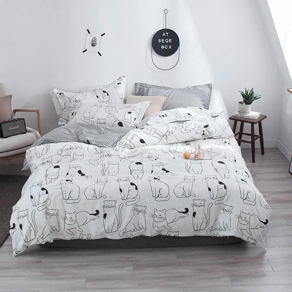 

2019 Cute INS Cats Black White Cartoon Bed Cover Soft Cotton Bedlinens Twin Queen King Duvet Cover Set Bedspread Pillowcases