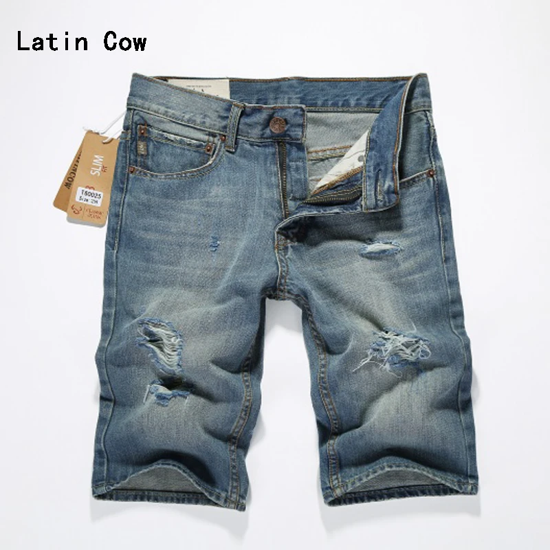 

Summer Men`s Jeans Shorts Latin Cow Brand Clothing Denim Blue Shorts High Quality Swag Destroyed Shorts Jeans Men 28-40 T60025