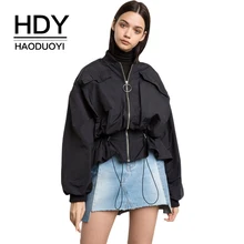 HDY Haoduoyi Brand Women Casual Black Jackets Belt Wait Elastic Ruffles Female Loose Outwears Lantern Sleeve Lady Coats