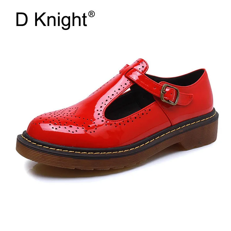 

Fashion Patent T-strap Women Flats Ladies Casual Round Toe Ankle Strap Flat Carved Brogue Oxford Shoes Size 34-43 Women Oxfords