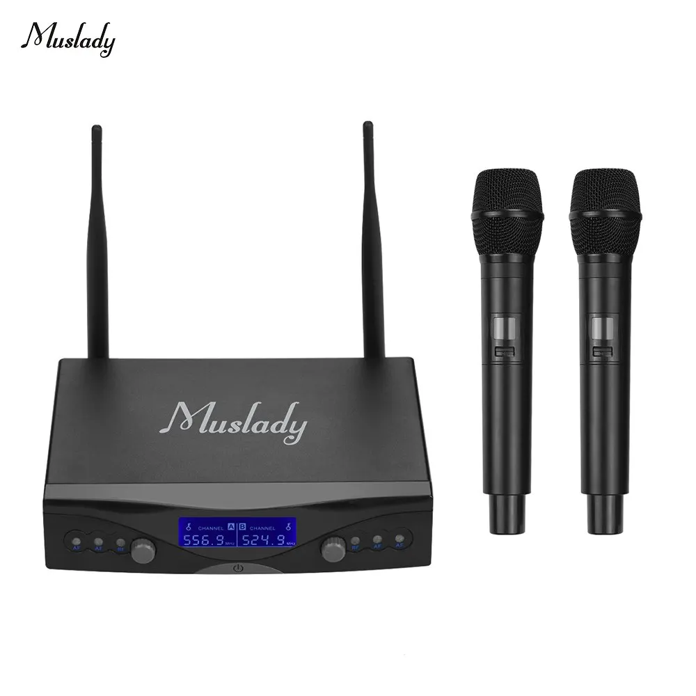 Muslady U1 نظام مكبر صوت لا سلكي ذو تردد فوق العالي 2 Mics Handheld و 1 استقبال مع عرض الخلفية ل كاريوكي الترفيه المنزلي