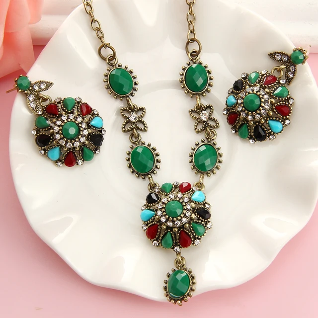 Vintage Crystal Turkish Jewelry Sets Multi Colour Gold Chunky Vintage Crystal Turkish Jewelry Sets Multi Colour Gold Chunky Necklace Earrings For Women Fashion Accessories Gift
