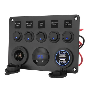 

Switch Panel 12V USB ON-OFF Toggle 5 Gang Blue LED Rocker for Car Boat Marine M8617