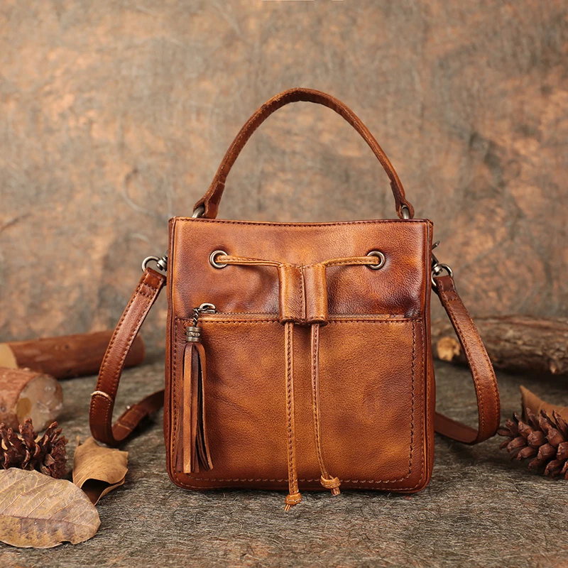 

Lady Top-handle Shoulder Bags 2019 Latest Women Bucket Handbags Drawstring Sling Bag Handmade First Layer Leather Messenger Bags