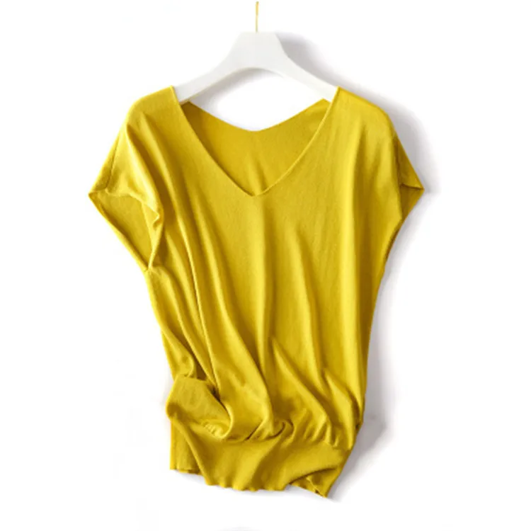 Шелковая кашемировая вязаная женская модная однотонная тонкая футболка с v-образным вырезом пуловер тройники с рукавом летучая мышь один и более размер смешанный