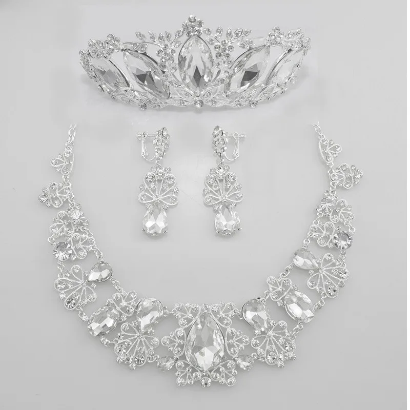 Hollow Flower Crystal Bridal Jewelry Set Tear Drop Rhinestone Luxurious Bib Statement Necklace/Earring/Tiara wedding accessories