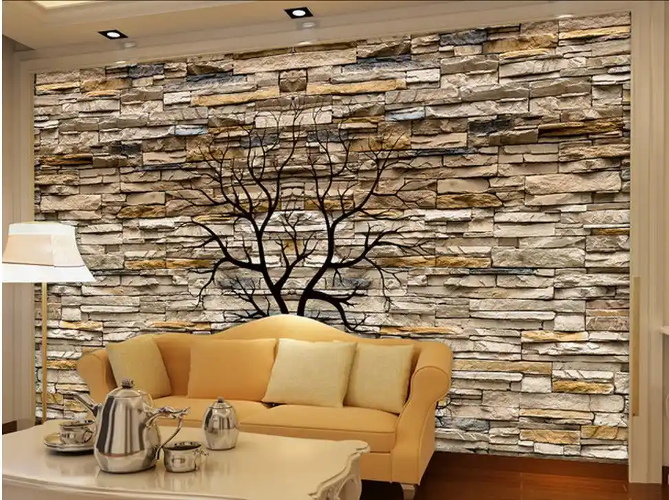 Empapelado 3d para habitación 3D piedra pared troncos silueta TV sala