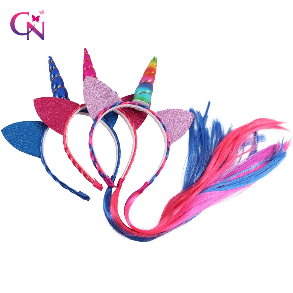 

2019 Glitter Ear Headband With Rainbow Color Ponytai For Girls Princess Braid Wig Teeth Hairban Horn Party Hair Accessories