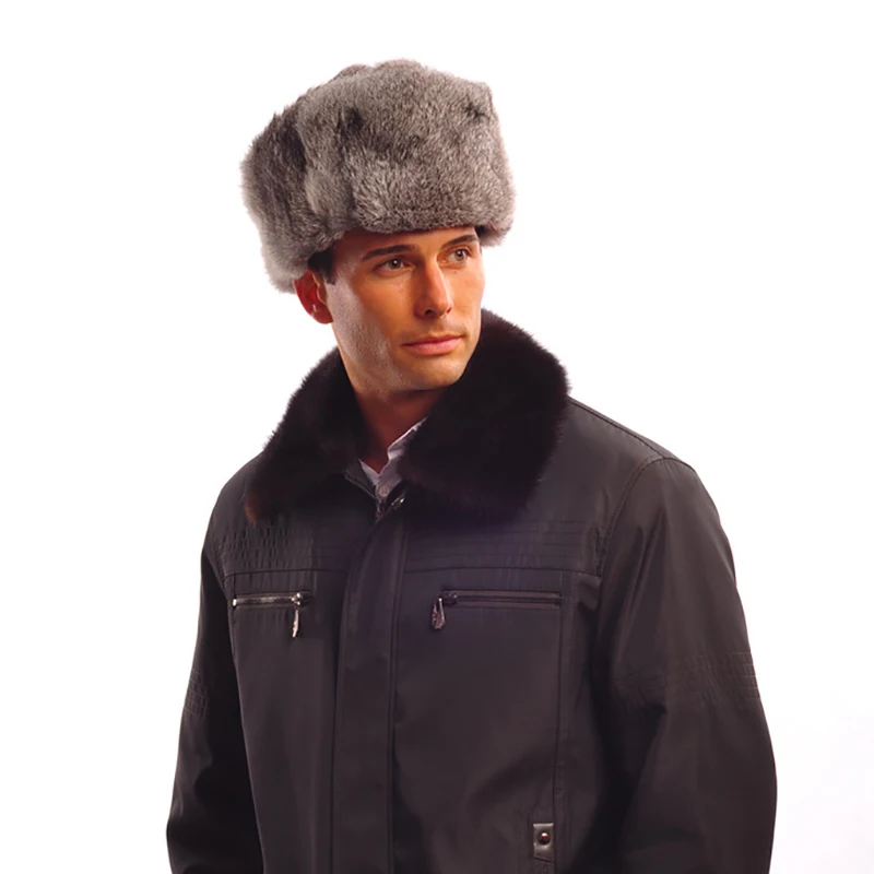 

Winter Men Bomber Hats Real Rabbit Fur Thick Earflap Ear Caps Thick Warm Fluffy Hats Earmuffs Trapper Outdoor Russian Fashion