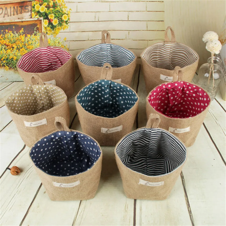 Linen Woven Storage Basket Polka Dot Small Storage Sack Cloth Hanging Non Woven Storage Basket Buckets Bags Kids Toy Box (3)
